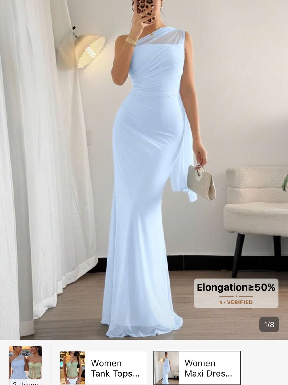 Light Blue One-Shoulder Maxi Dress with Draped Waist